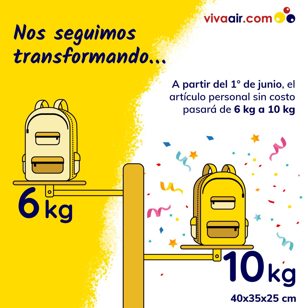 Viva ¡Vuela Más! on "@issi_kate a partir del 1 de junio de 2018, podrás llevar un (1) artículo personal de máximo 10 kg y 40x35x25 ¡Estaremos de tenerte a bordo! ;)" / Twitter