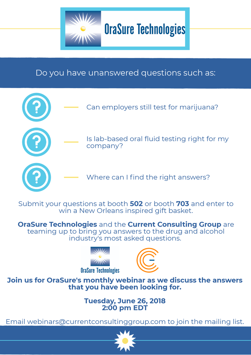 CurrConsultGrp's tweet photo. Will you be at #DATIA2018?We hope to see you there!Attend CCG's session on the 2018 Employer Survey results or stop by and visit us at booth 502 where you can drop off your industry questions for OraSures June #webinar. #CurrentCompliance #followtheleaderinoralfluiddrugtesting https://t.co/oMrKLuQptx
