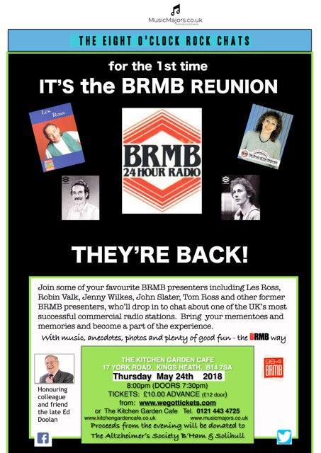 MusicJcp's tweet photo. @rubyturnersoul Fancy reliving greatest #BRMB moments? Join Les Ross,Jenny Wilkes @BillyQuiet @RobinTValk Tom Ross @thegoalzone for unmissable special evening #magical #fun #memories #entertainment PLUS honour #EdDoolan
24 May @KitchenGarden3 Thurs 24 May. Profts to charity https://t.co/LjMP6ES83N