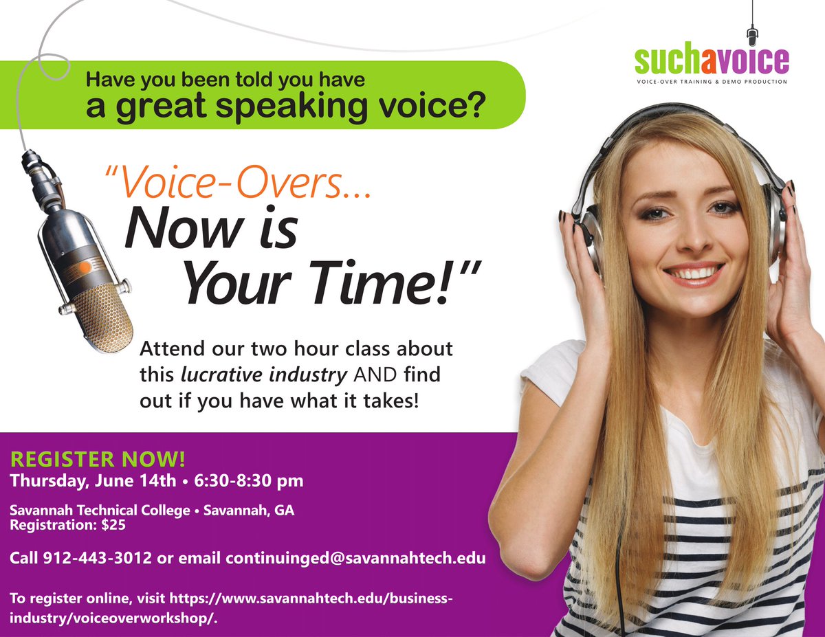 SavannahTechPCE's tweet photo. There's still time to sign up for our Voice-Over Workshop! Learn more at https://t.co/ouiBZA6zA8 #Voiceover #voiceacting #savannah #suchavoice https://t.co/0UB3UR5qsR