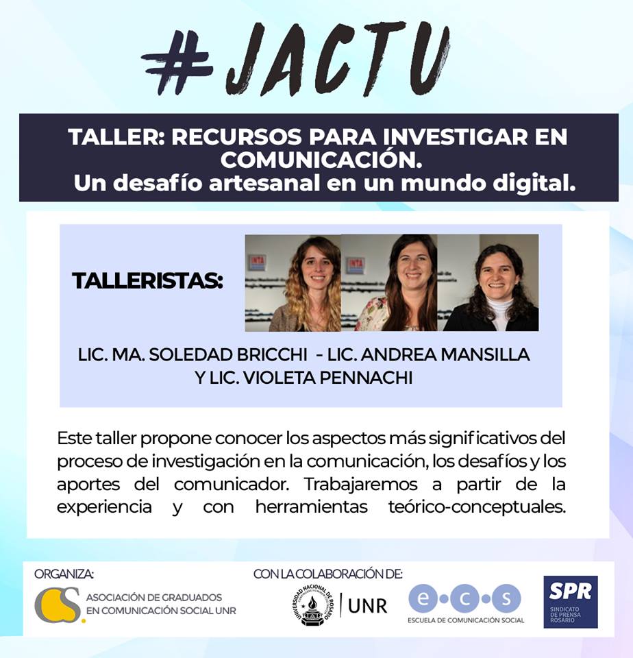 GraduadosCSUNR's tweet photo. #JACTU Taller dictado por Investigadoras en Comunicación del #INTA que relatarán su experiencia a la hora de investigar.
Últimos cupos!
📆18/05 a las 16 hs en @spr_prensa
📌Más Info: https://t.co/mgYtXiU0d5 … https://t.co/weMAYdMx0p
