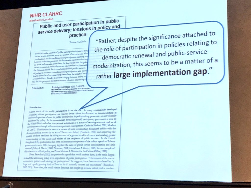 RowanM's tweet photo. So true - big gap between what policy says should happen and actual on the ground implementation and involvement #obhc2018 @CLAHRC_NWL @kaumee https://t.co/Dh89ZQ0iWk