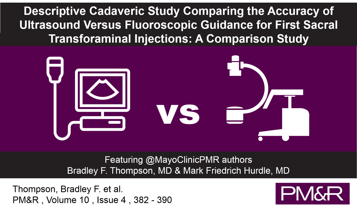 PMRJournal's tweet photo. Descriptive Cadaveric Study Comparing the Accuracy of #Ultrasound vs #Fluoroscopic Guidance for First Sacral Transforaminal Injections - https://t.co/IQWAZfE5Yn - Featuring @MayoClinicPMR authors Bradley F. Thompson, MD &amp; Mark Friedrich Hurdle, MD - #MSKrehab #Physiatry https://t.co/0g2EzPAxDr