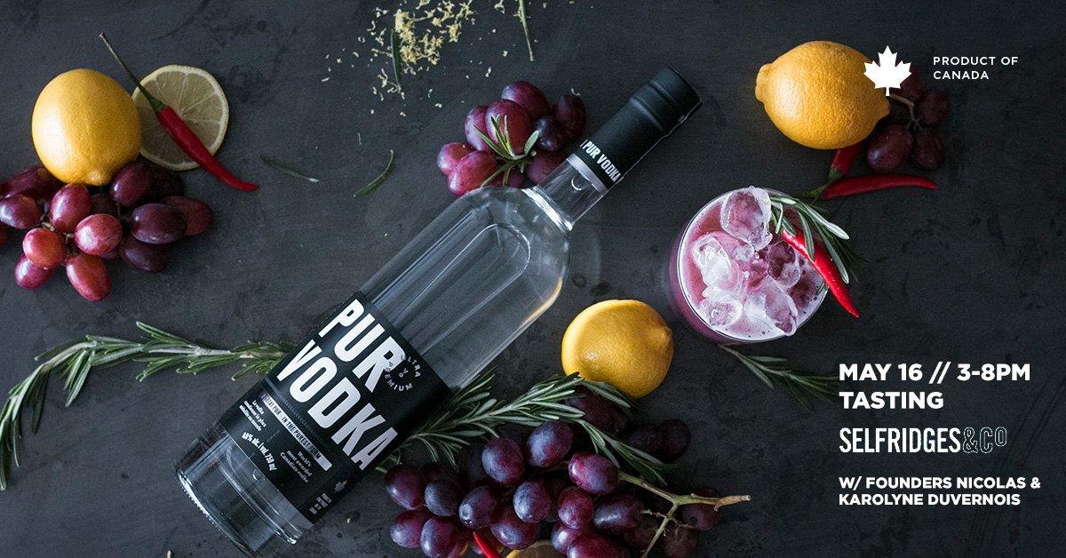 QuebecUK's tweet photo. Tasting NOW of #Québec @pur_vodka &amp; @romeosgin at @Selfridges in #London, with #Québec company founders Karolyne Duvernois &amp; @nduvernois. 3-8pm today! https://t.co/eWksRzleDW