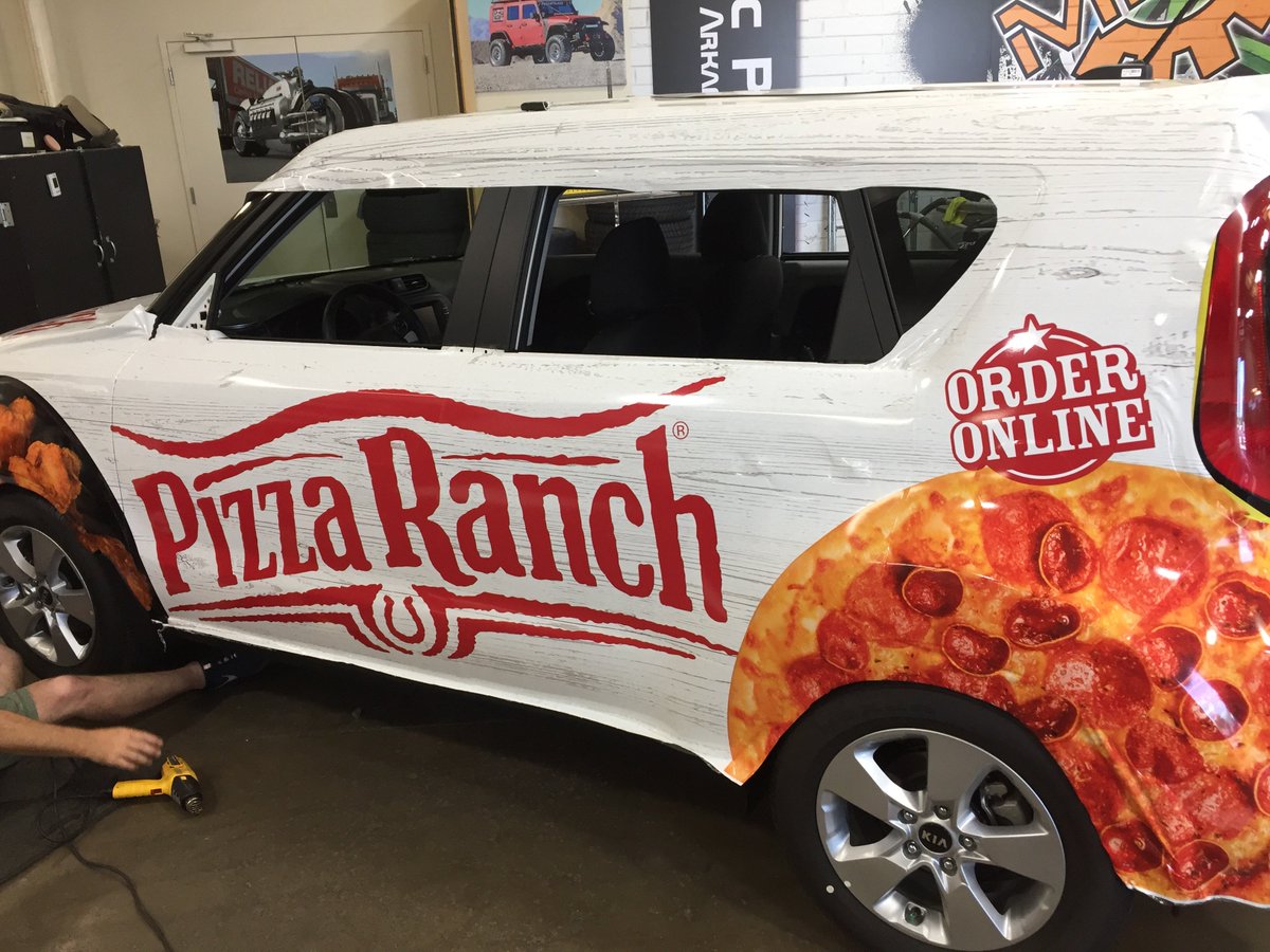 Msauthority's tweet photo. “Hey Motorsports Authority, what you guys been up to”?   Oh you know. Just wrapping a Kia Soul from Crain Kia of Conway for the new pizza place in Town “Pizza Ranch”. #msa #msauthority #wrap #pizzaranch #comingsoon #crainteam https://t.co/BjBbWGiuAp
