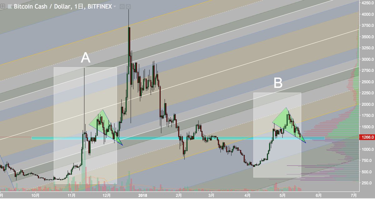 #ビットコインキャッシュ 日足。現在の状況はAと同じ。上昇後の調整範囲内。ブルーゾーンは価格帯別出来高で見ても、強力サポートになる場所＝第一買い増しポイント。 #BCH