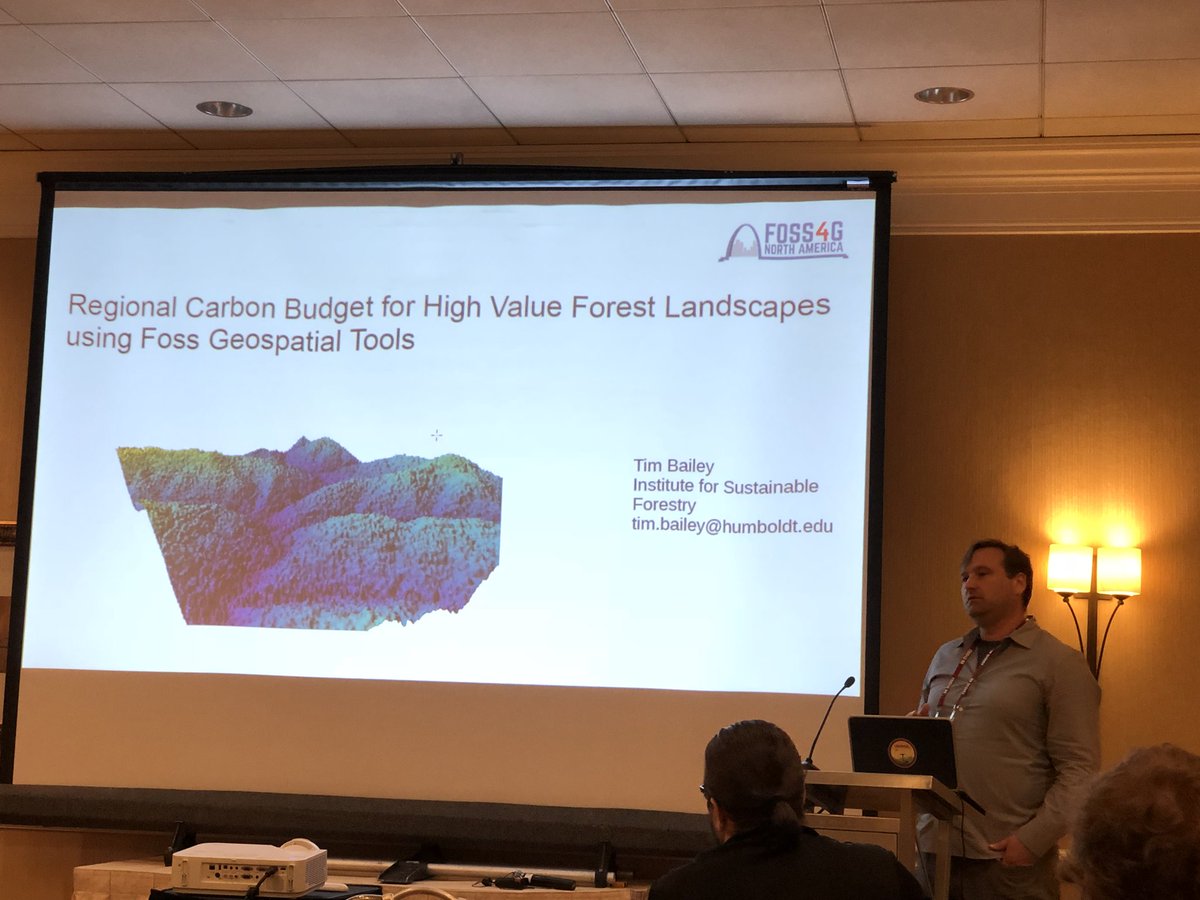 geodesigntech's tweet image. Enjoying Tim Bailey’s #FOSS4G2018 talk on using Carbon Cap and Trade to avoid “the long emergency” of unsustainable forest practices.