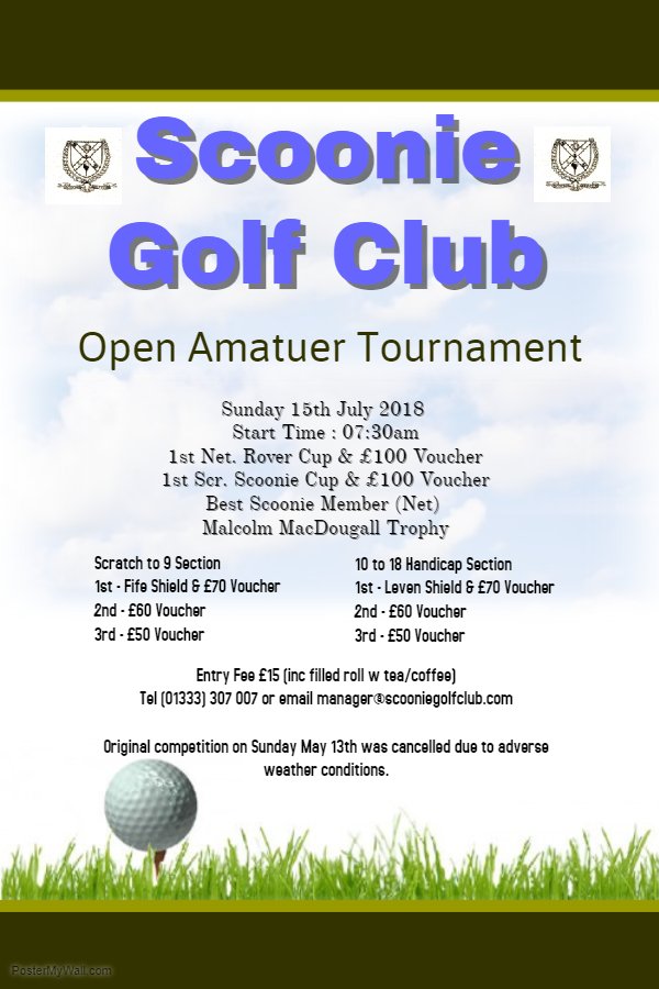 After the adverse weather conditions that cancelled the Scoonie Open 13th May due to course closure we have managed to get it re-scheduled for Sunday 15th July. Call the clubhouse on 01333 307 007 to book your tee time. <a href="/Fife_Golf_Trust/">Fife Golf Trust</a>