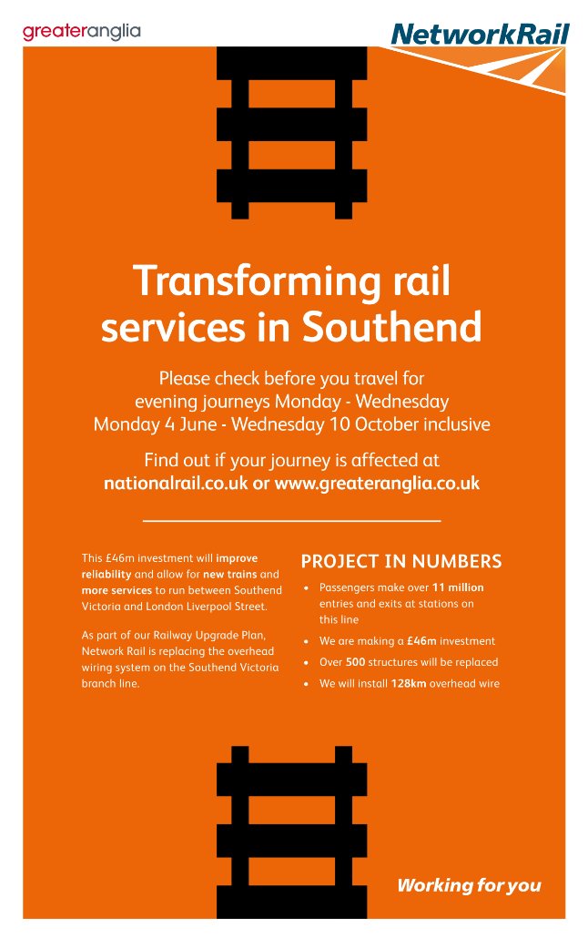 greateranglia's tweet image. Engineering works for the Southend line from Monday 4 June 2018 - Wednesday 10 October 2018 inclusive. #CheckBeforeYouTravel EC