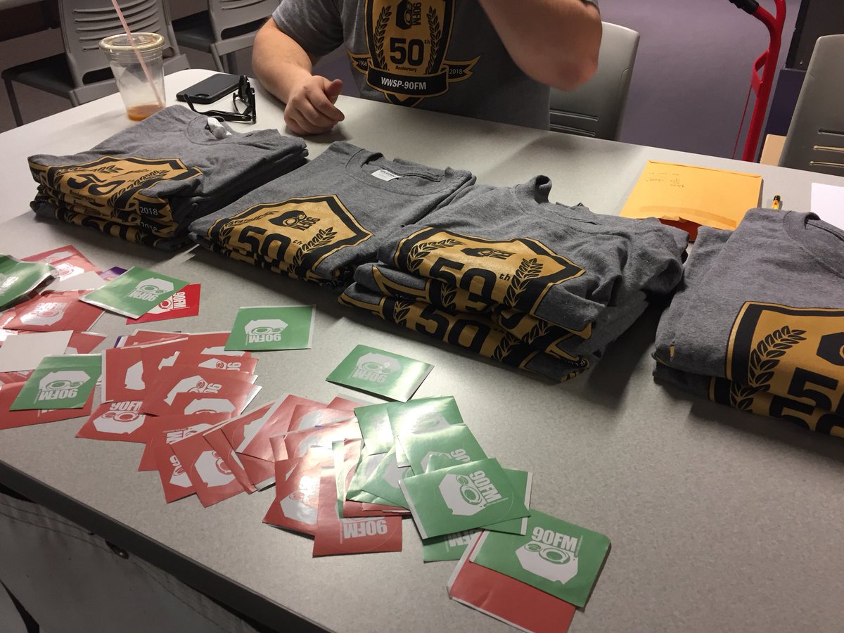 WWSP90FM's tweet photo. 50th Anniversary Shirt Sale is underway! We’ll be in the DUC concourse until 4 today, stop by and say hello, grab a sticker, and buy a shirt! #90Turns50 https://t.co/C5ME7iW0aR