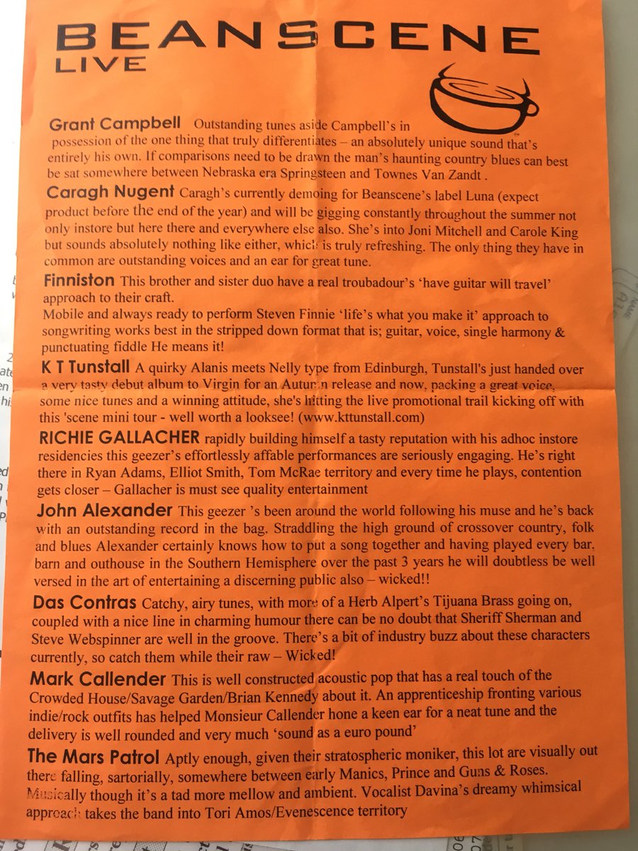 hotlemon's tweet photo. Found an old flyer for gigs - some talented folks listed here,  &amp; KT did rather well @crookedmouth  @kttunstall #acoustic #music #scotland #glasgow #coffeeshop #stars #songwriters #talent https://t.co/7Il8tYF3mx