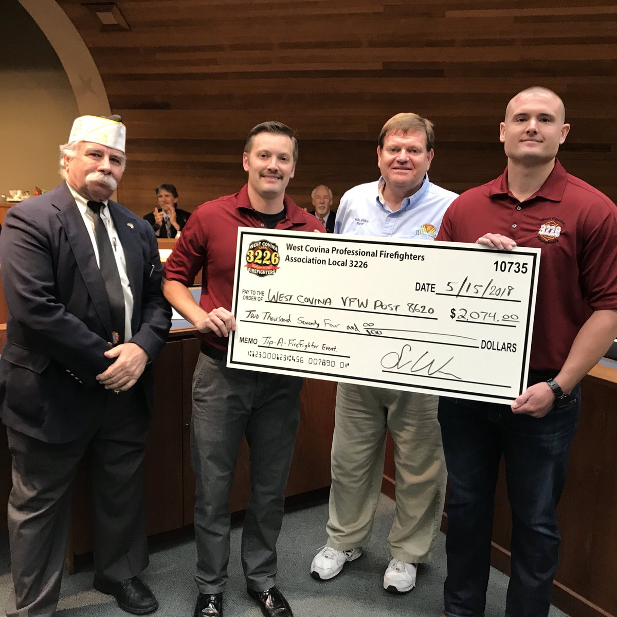 WestCovFire's tweet photo. At last nights council meeting, we presented the West Covina VFW Post 8630 with a check for the money raised at last months Tip-A-Firefighter Event. With all of the communities help we were able to raise $2,074.00 to help the VFW with repairs to their facility. #westcovina. https://t.co/1VscfxgbU1