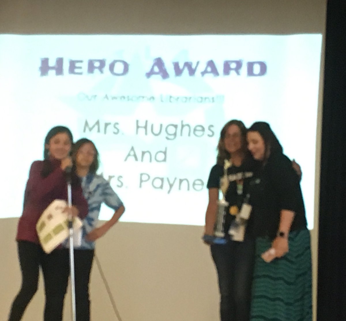MrsViscarra's tweet photo. Congrats to our Hero Award winners, our librarians Mrs. Hughes and Mrs. Payne. Thank you for all you do to keep our students loving books! @atlaselem @Redsgirl2000 https://t.co/qNh5uPl4Ii