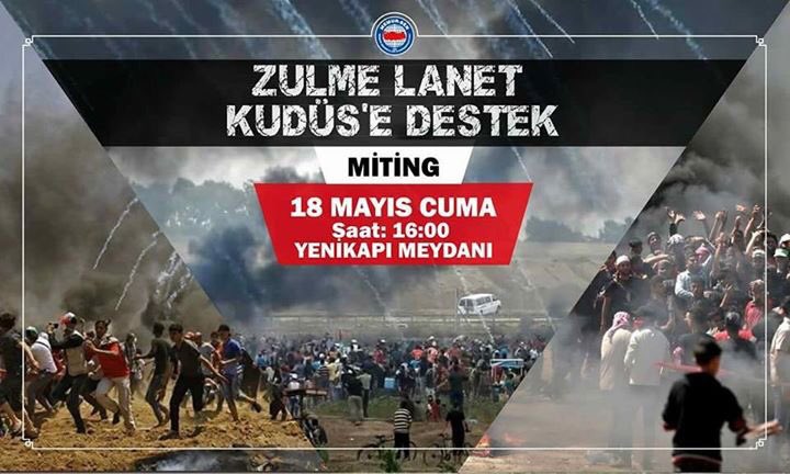 Zulme Lanet,Özgür Kudüs İçin Mitinge Davet

Memur-Sen olarak, 18 Mayıs [Cuma] 16.00'da Yenikapı Meydanı'nda gerçekleştirilecek Kudüs Mitingi'ni destekliyoruz.

Mescid-i Aksa’yı gördüm düşümde 
Götür müslümana selam diyordu 
Dayanamıyorum bu ayrılığa 
Kucaklasın beni İslâm diyordu
