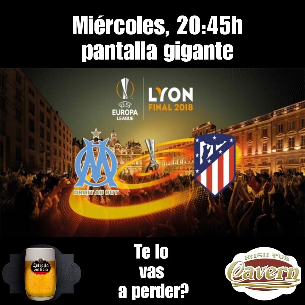 Hoy tenemos final!!! Si no te lo quieres perder te esperamos en @cavern66salamanca para verlo y disfrutar del mejor fútbol!! #olimpiquemarseille #atleticodemadrid #finaleuropaleague #cavernesbien