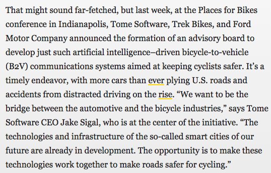 Can <a href="/TomeOwl/">Tome</a>, <a href="/TrekBikes/">Trek Bicycle</a>, <a href="/Ford/">Ford Motor Company</a> save cyclists lives? My favorite <a href="/outsidemagazine/">Outside Magazine</a> chatted with <a href="/jakesigal/">jake sigal</a> to find out: outsideonline.com/2308681/can-ne…