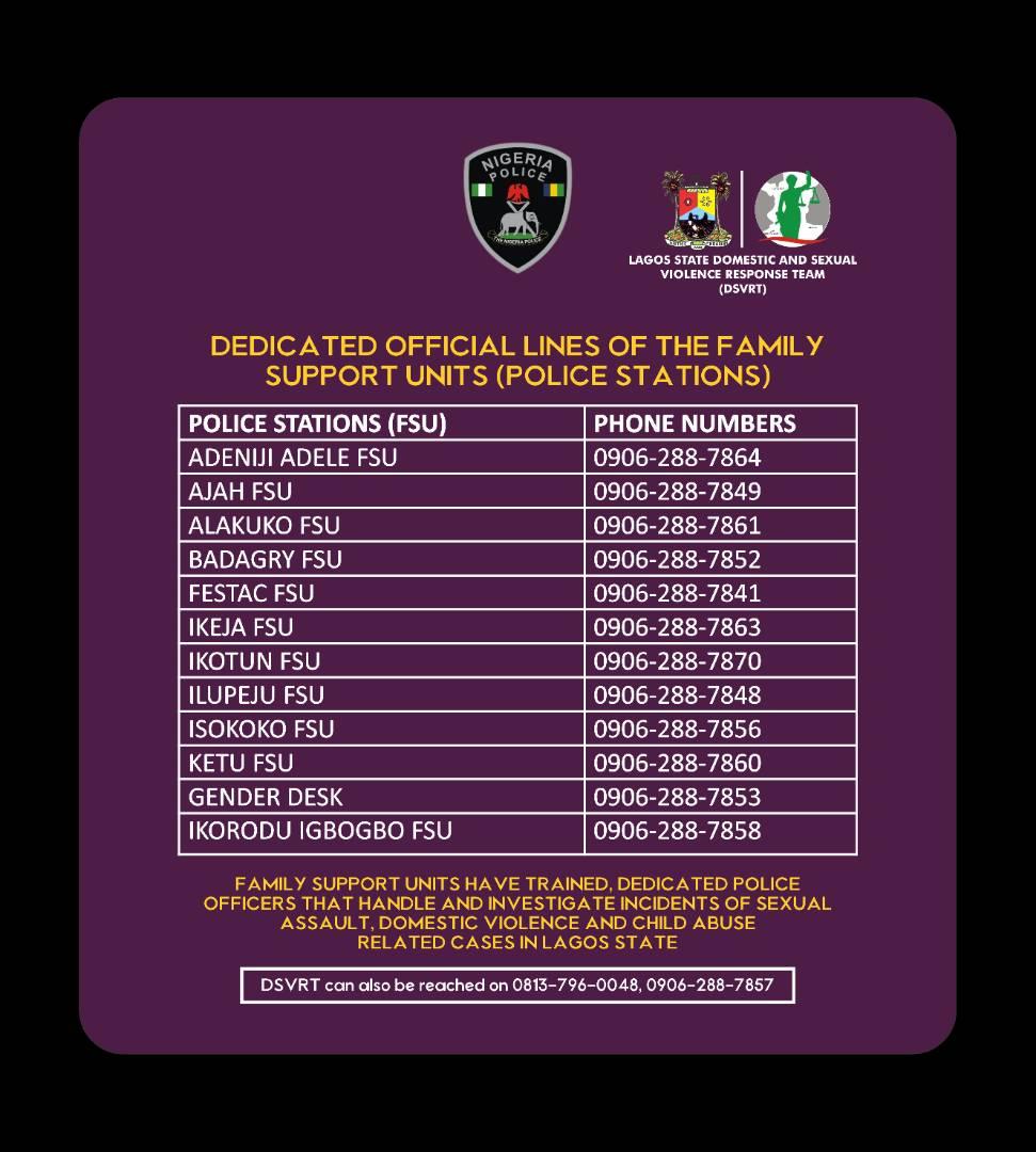Lagosdsva's tweet photo. Dedicated phone lines for reporting Domestic Violence, Sexual Violence and Child Abuse at Family Support Units (Police Stations) in Lagos State. https://t.co/idYXgYROTs