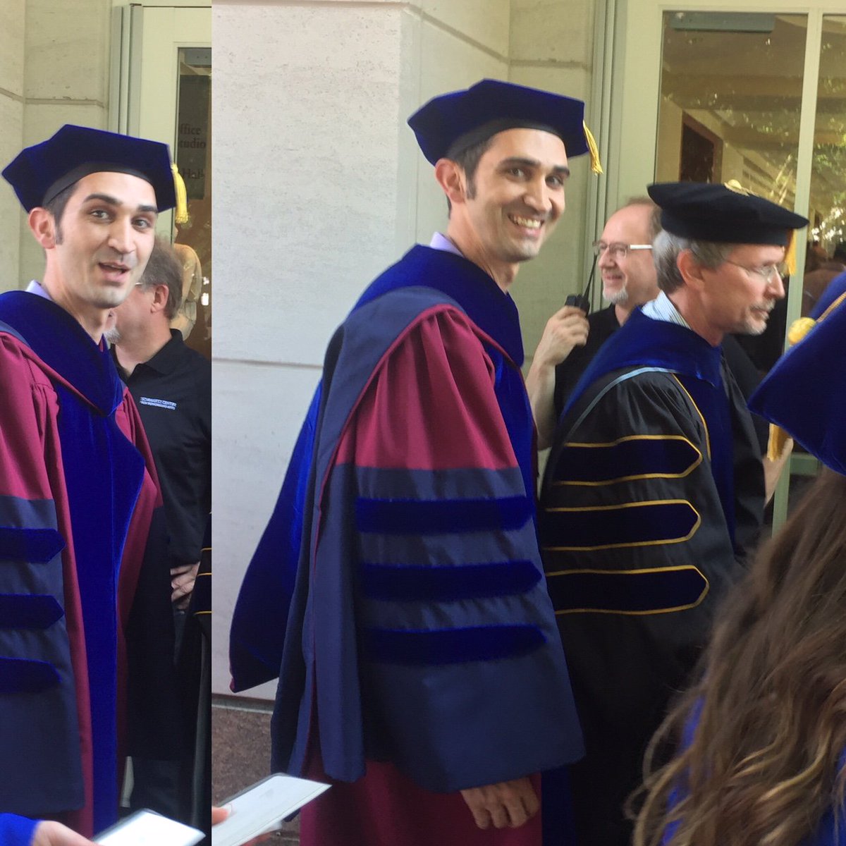 EmoryChem's tweet photo. Dr. Bill Wuest processing into the @laneygradschool ceremony on Monday pictured just before and just after our photographer yelled "It's graduation day!" #commencement #Emory2018 #LynnLab #smiles #photoshoot #happyday @wmwuest @WuestLab https://t.co/ALGoKzpmoj