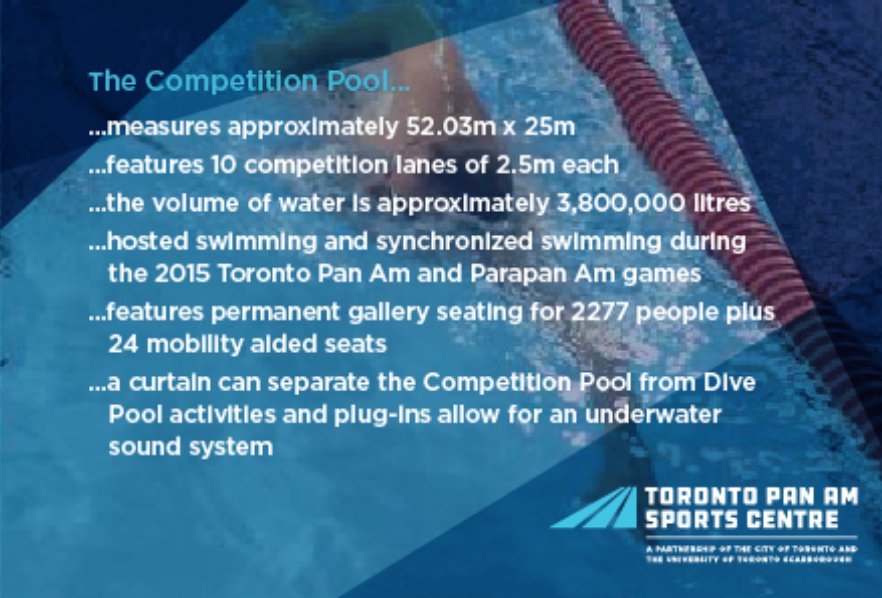 tpascentre's tweet image. Our Competition Pool is one of the most technologically advanced competition pools in the world. It’s home to Swim Canada, Dive Canada, Synchro Canada, Swim Ontario, Dive Ontario, Synchro Canada and many local high performance clubs #dreambigTO #puddletopodium