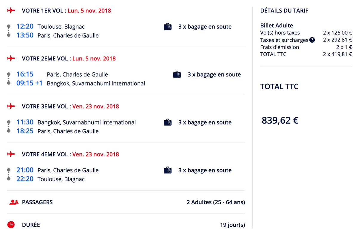 davgarin's tweet photo. Bonjour @AirFranceFR, impossible de réserver un vol pour 2 personnes Toulouse-Bangkok au prix affiché sur votre site de 839,62€ cf image. C'est une pratique commerciale frauduleuse selon l'article L121-1 du Code de la consommation. Coucou @60millions :) https://t.co/fkn2xTaAsn