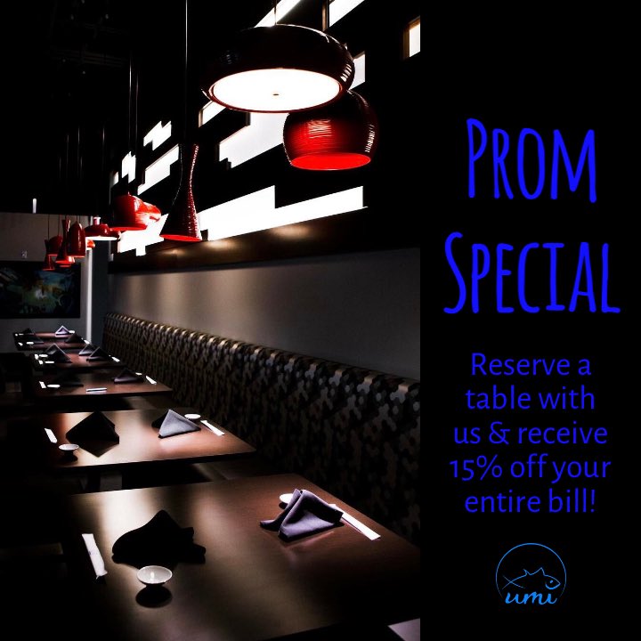 UmiFortWayne's tweet photo. Prom this weekend? Make your reservation with us & receive 15% off your bill. ππ» #umifortwayne #hhsprom https://t.co/XsCTQ1o4y7