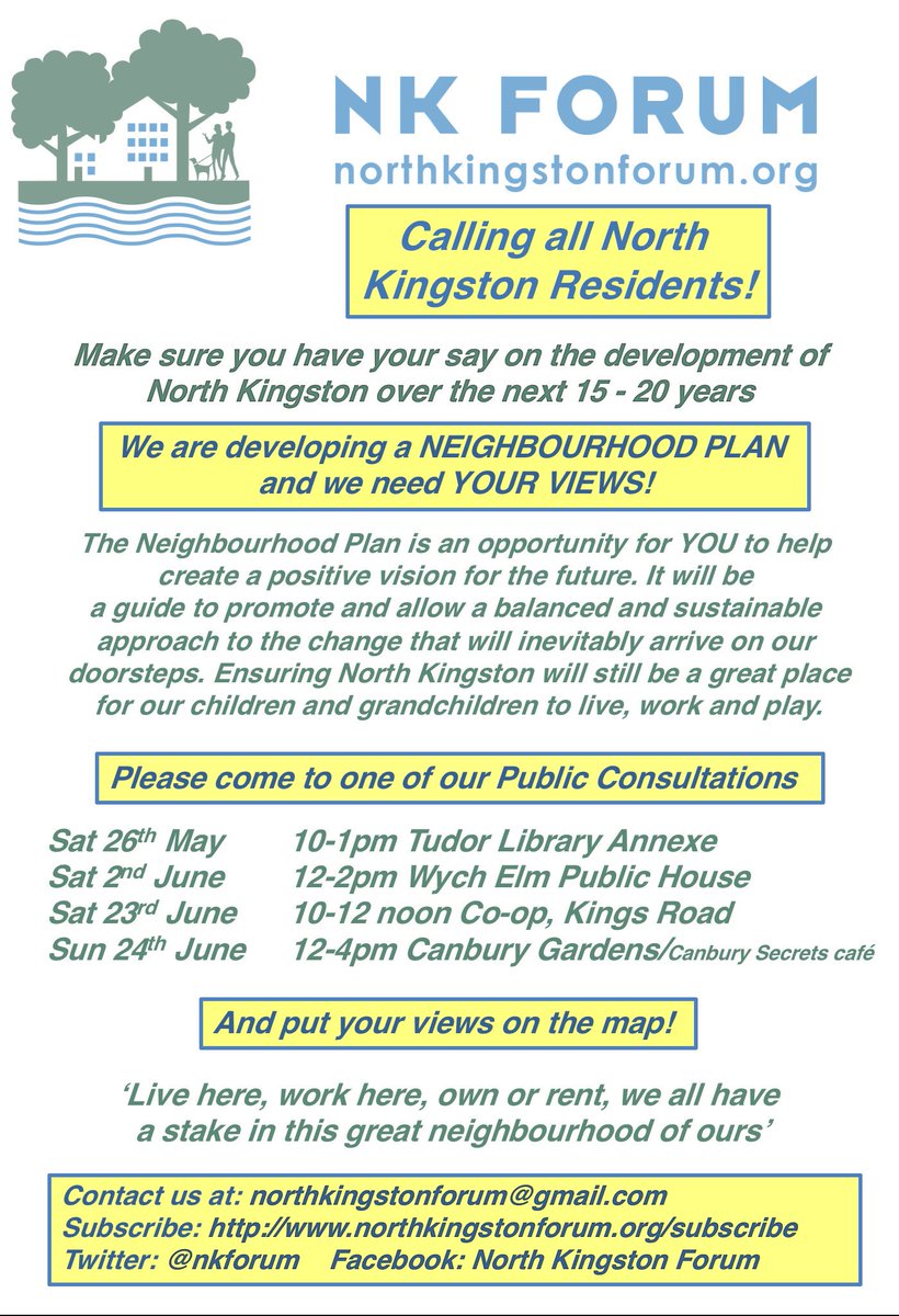 nkforum's tweet photo. Upcoming North Kingston Forum engagement events 26/5 - Tudor Library 10-1pm, 2/6 - Wych Elm Pub 12-2pm, 23/6 10am-12pm Outside Co-Op Kings rd, 24/6 12-4pm Canbury Gdns (by Canbury Secrets cafe) - Come and find out how you can influence the future development of N Kingston https://t.co/VgIM3f7o2s