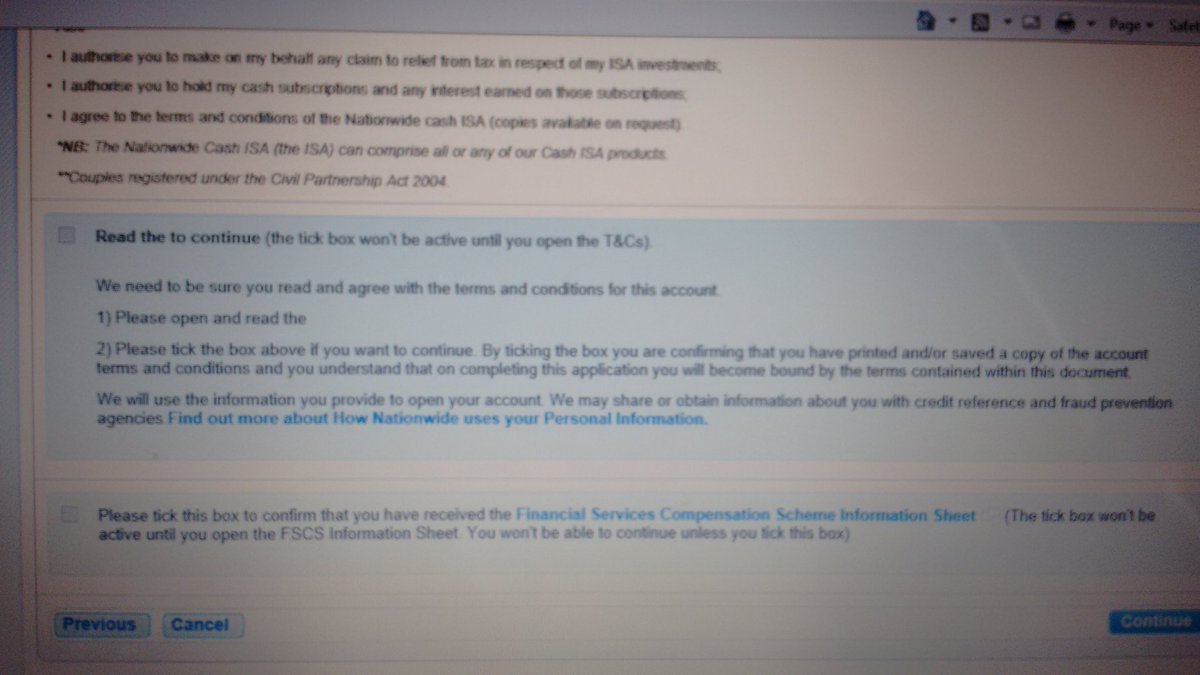 Graham_Hem's tweet photo. @AskNationwide I am trying to open a Fixed ISA but there seems to be a problem with the link for the T&amp;C. I have enclosed a snap shot of the screen so you can see where the missing link should be. Is there a problem with the site or another reason. Thanks https://t.co/efPRYolNZS