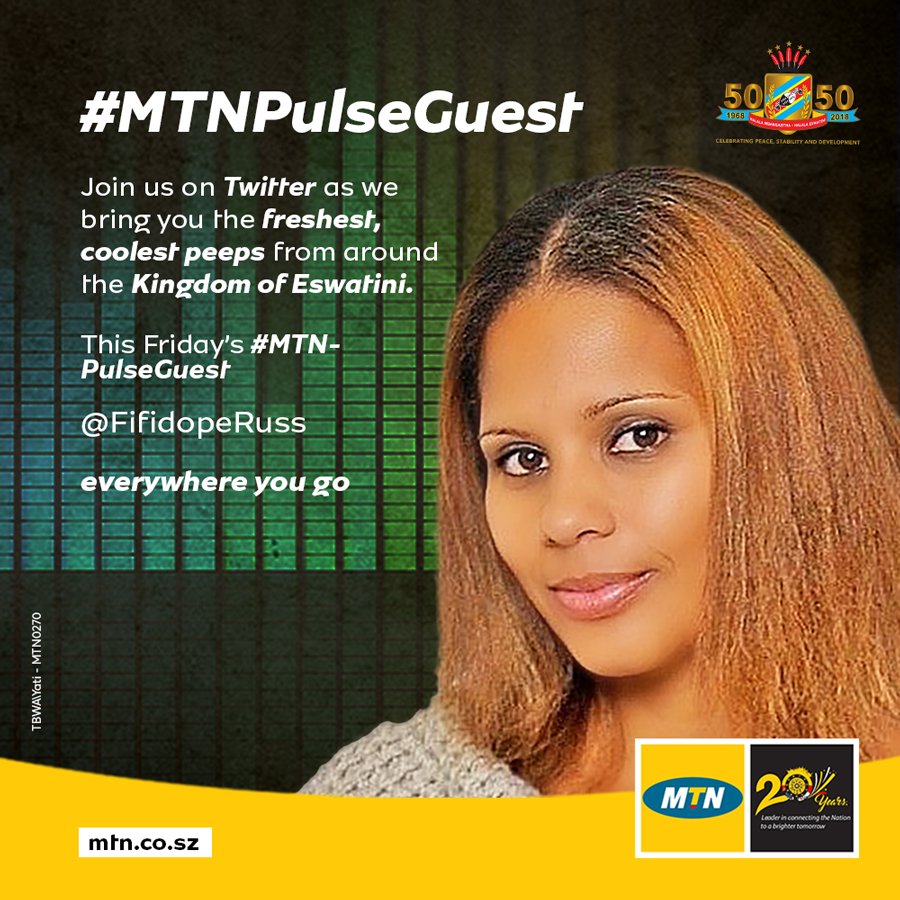 MTNEswatini's tweet photo. This week's #MTNPulseGuest is the talented and lovely radio presenter @FifidopeRuss. Who is responsible for dishing out blissful ear candy on the SBIS 2 air-waves. Join us this Friday from 12:00 PM and get the chance to hang out. 

Dial *155*4# to be the best you(th). #MTNPulse https://t.co/jlT5YeE8bL