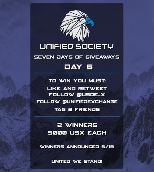 usxquantum's tweet photo. Seven Days of #Giveaways Day 6!

5,000 $USX given away to 2 winners!

To win you must:

1. Like and Retweet.
2. Follow @USDE_x and @UnifiedExchange.
3. Tag 2 friends.

Winners will be announced 5/19.

Website: https://t.co/91H8KHFakv 
Discord: https://t.co/fus0Bo8wG9

#USX #USDEX https://t.co/62qPOReQVz