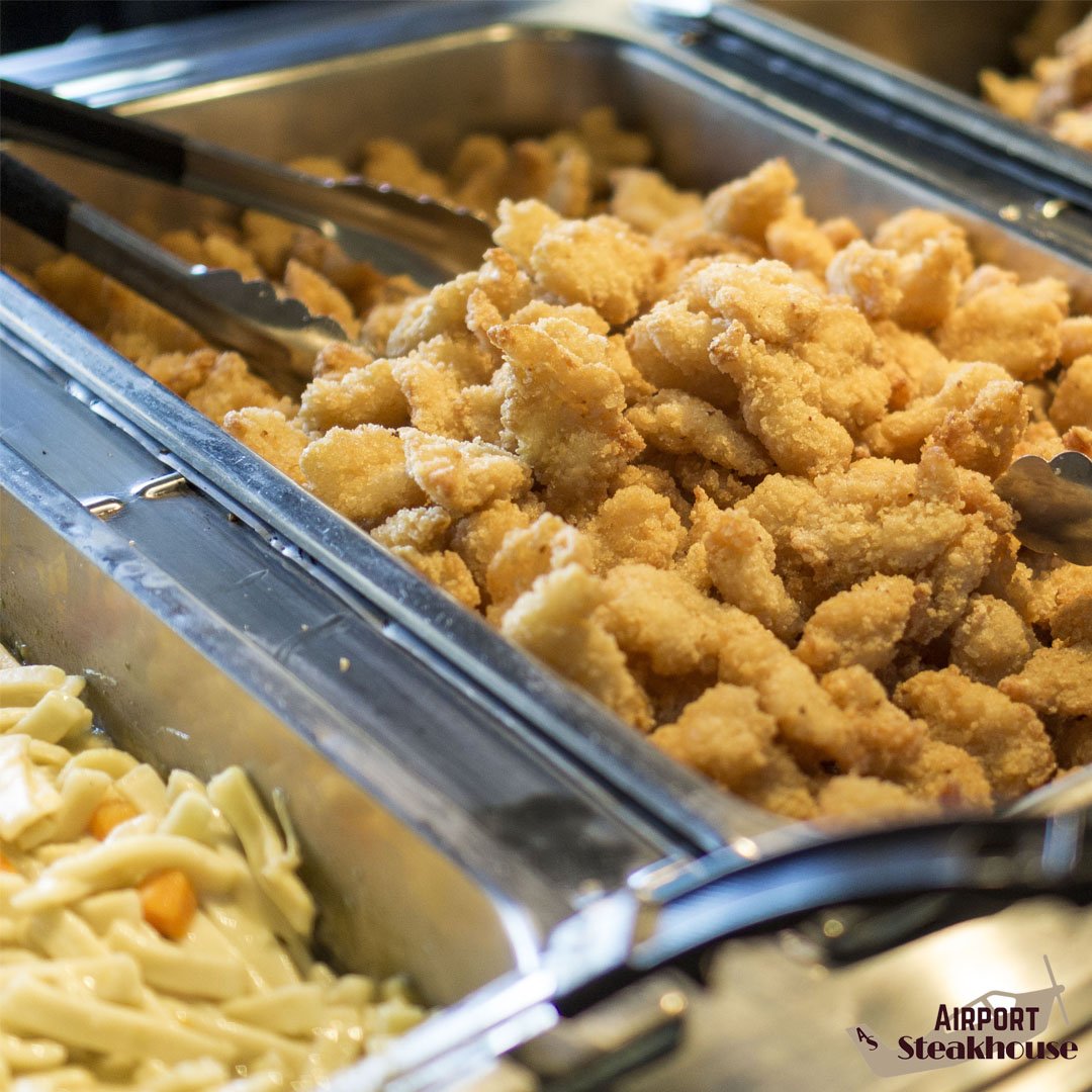 fly2steakhouse's tweet photo. We're half-way there, but don't forget about lunch! Today we are serving all-you-can-eat homemade chicken noodles and fried shrimp.  11 - 1:30 PM $7.99 regular price. #humpday #fly2steakhouse https://t.co/33OTEETxi9