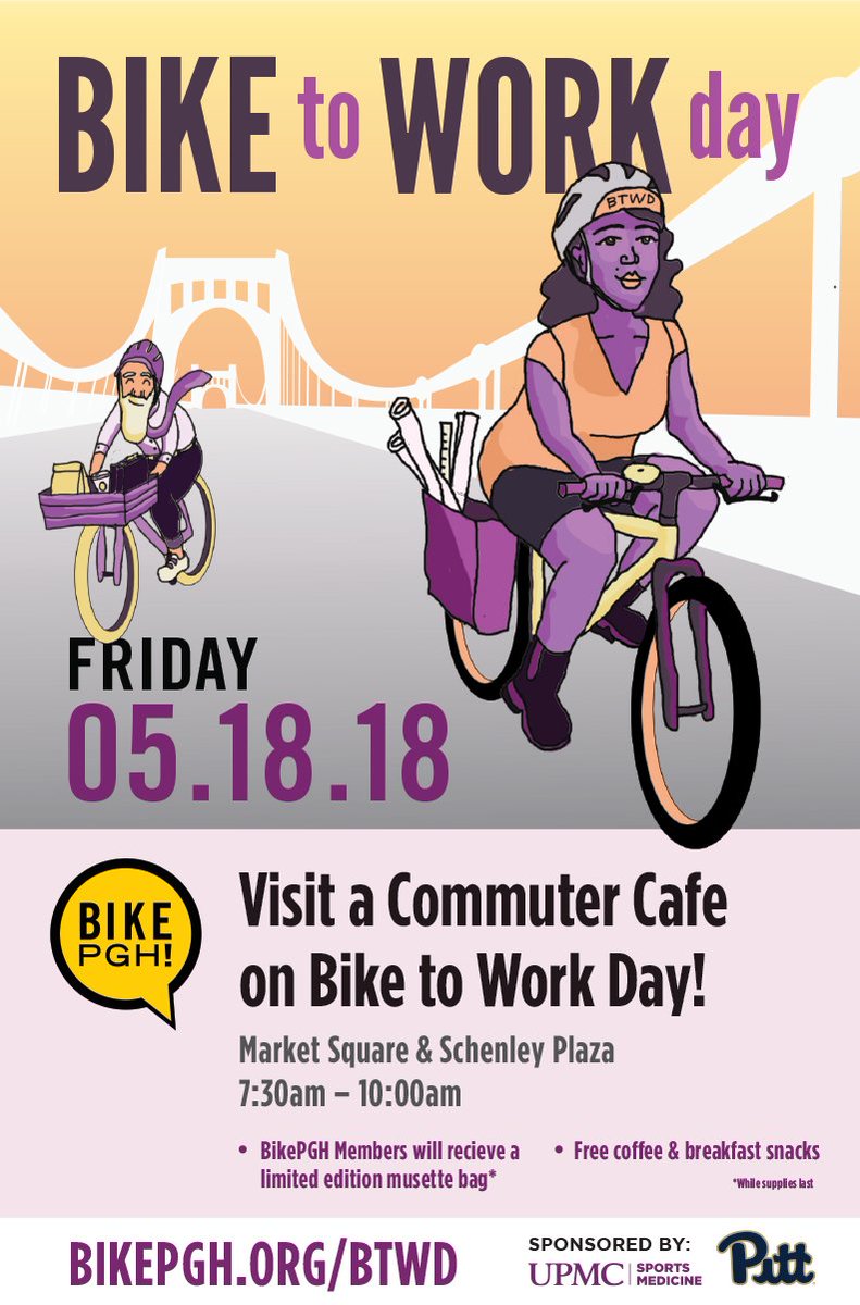BikePGH's tweet image. Friday is Bike to Work Day! 🚴‍♀️🚴‍♂️ Grab free breakfast snacks and coffee at a @BikePGH Commuter Cafe located in Market Square &amp;amp; Schenley Plaza. Join BikePGH, @healthyridepgh, @UPMCSportsMed, @PittTweet, &amp;amp; @LaPrimaEspresso in the morning! BikePGH members get a free gift!