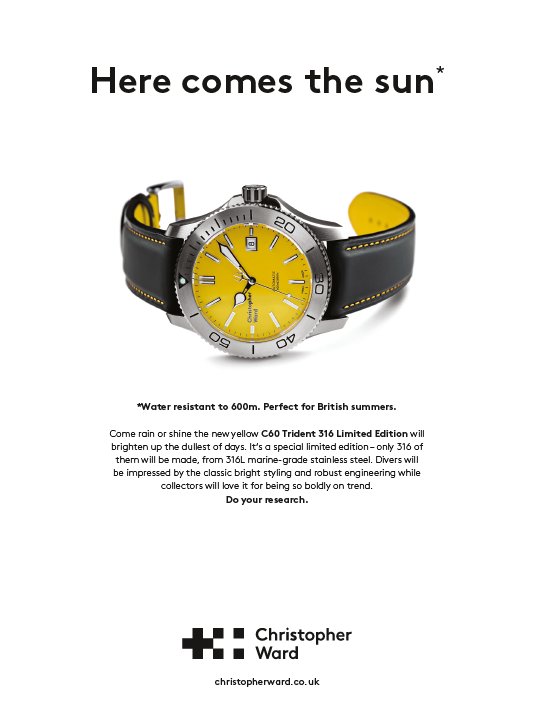 whitecottage1's tweet photo. I've been writing some  ads for Christopher Ward watches.  Here's one for their C60 Trident 316 Limited Edition, full page in Scuba magazine June issue https://t.co/s5QjmLxweS