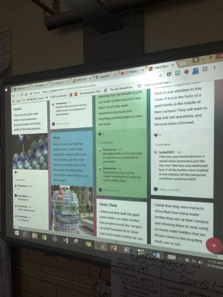 Wellwood5th's tweet photo. Miss Hilbert's class is using Padlet to have a digital discussion on the environmental impact of using too many plastic bottles! Want to see the whole discussion? Check out the print out in our classroom! https://t.co/9Jc7EDuN7e