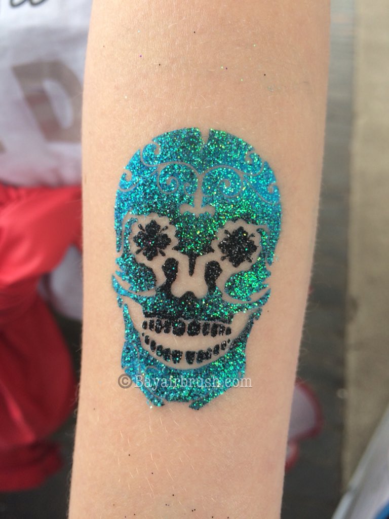 bayairbrush's tweet photo. Glitter and airbrush sugar skull #black #blue #glitter #airbrush #tattoo #temptattoo #temptat #lotsofglitter #armtat #Brixham #Devon #Summer #Aqua #sugarskull #bayairbrush https://t.co/lkXi4OG1qc
