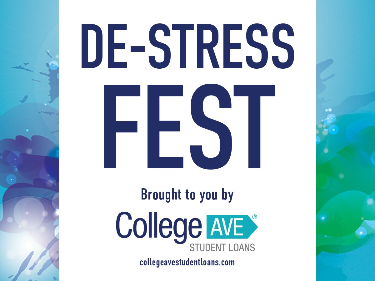 De-Stress Fest is happening tomorrow from 2 to 4 PM! Stop by to unwind and enjoy our photobooth sponsored by College Ave Student Loans!