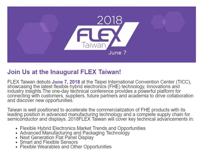 SEMIconex's tweet photo. Take the Lead in Taiwan Flexible Electronics Market at the first #2018FLEX #Taiwan! https://t.co/5DaQPtUw1s https://t.co/QbrsACFOwx