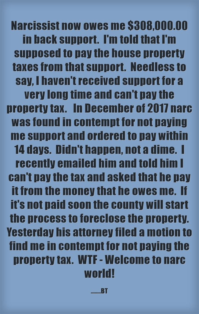 MsBlakeTaylor's tweet photo. @DivorceSayss @KelvieJay @RivkahGold @LeftWithNothin1 @ambernorton41 @CookieKL @BerylGonePink @jjuliejust @gaslight1944 @LadyLadyj @Momdoc44 @LadyBret @emeraldqueen222 Unfortunately nothing a narc does surprises me.  #FamilyCourtReform  #LegalTerrorism  #FinancialAbuse  #MeToo #50ShadesOfCray https://t.co/DtdtHUWYCB