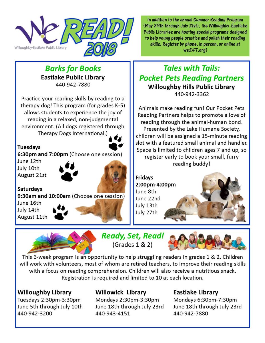 WELibrary's tweet image. Check out all of our programs that keep kids reading while having a great time this summer! From working with volunteer tutors, to reading with dogs and bunnies, we have you covered. Of course we also have our Summer Reading Program that begins on May 29! #readng #libraries