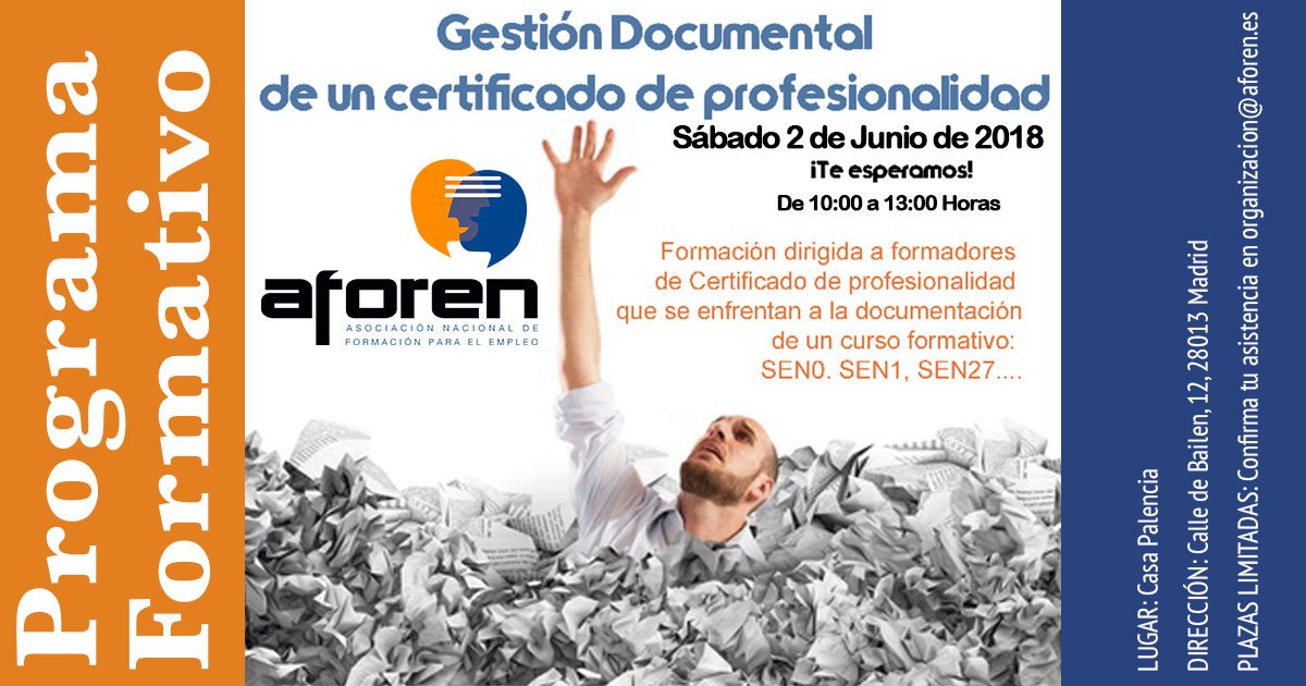 aforen_'s tweet photo. ¿Eres docente?...
Entonces esto te interesa... Taller #Gratuito de gestión documental, apúntate con tiempo que las plazas son limitadas... organizacion@aforen.es
#Docentes #JuntosSomosMasFuertes #DefendemosTusDerechos #Formación #Educación #Sepe #Inem #Cursos https://t.co/oPYUleDMgz