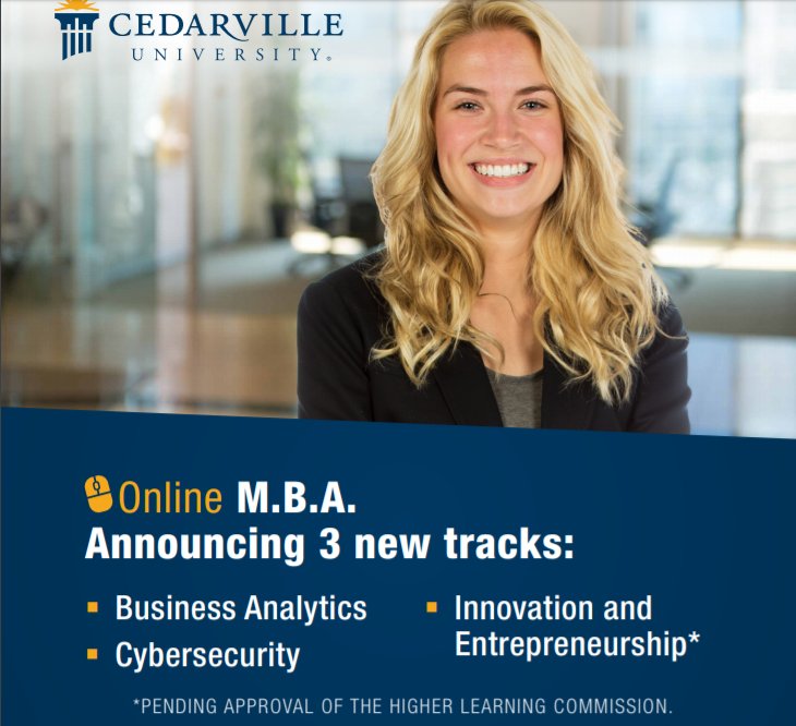 cedarville's tweet image. Three innovative new tracks are now available through @Cedarville University's online #MBA program, including #Cybersecurity, #BusinessAnalytics, and #InnovationandEntrepreneurship. Visit cedarville.edu to learn more!