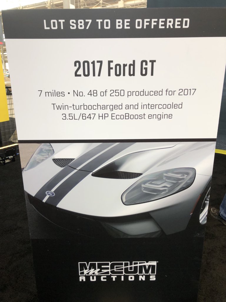 hagertyinsider's tweet photo. The big news of #MecumIndy sale is the controversial late entry of this 2017 Ford GT, Lot S87. This is the first GT offered for public, non-charity sale and with good reason- Ford prohibits resale for 24 months. All eyes are on this one! #colincomer #hagertyinsider https://t.co/oYZa3YRWfB