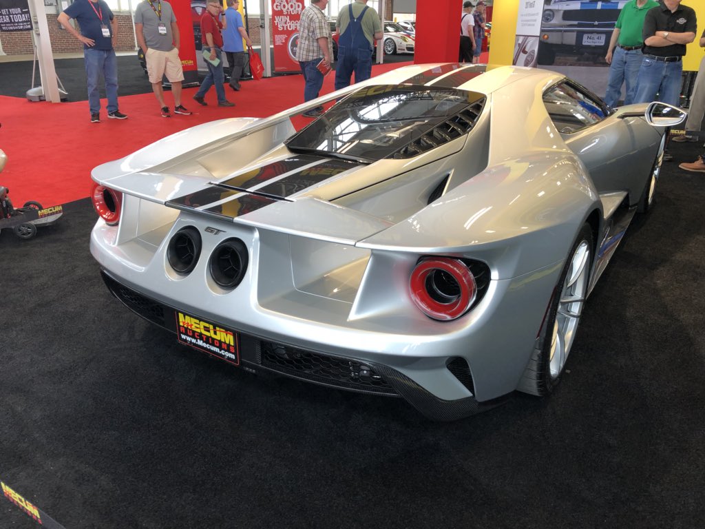 hagertyinsider's tweet photo. The big news of #MecumIndy sale is the controversial late entry of this 2017 Ford GT, Lot S87. This is the first GT offered for public, non-charity sale and with good reason- Ford prohibits resale for 24 months. All eyes are on this one! #colincomer #hagertyinsider https://t.co/oYZa3YRWfB