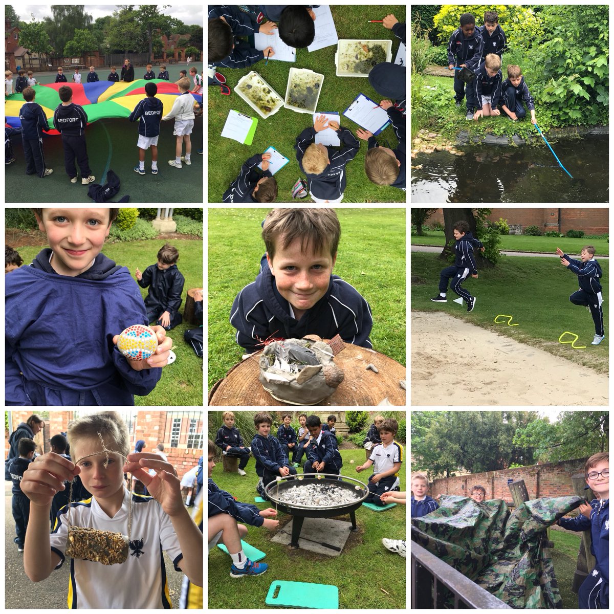 BPSYear3's tweet photo. What a great day! Outdoor extravaganza! #denbuilding #smores #pebbleart #ponddipping #clay #sports #games #sticklets #birdfeeders https://t.co/fdYKZEdD8m
