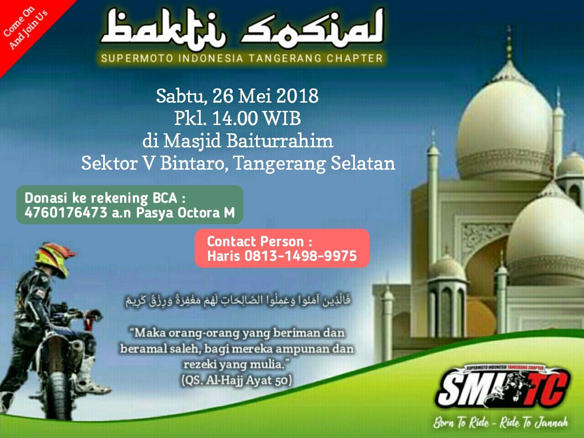Bismillahirahmanirahim.
Kami keluarga SMITC akan mengadakan bakti sosial untuk saudara-saudara diluar sana yang membutuhkan,kami juga memfasilitasi untuk teman-teman disini yang mau mendonasikan sebagian harta teman-teman untuk membantu saudara-saudara kita🙏
