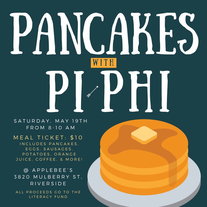 Pancakes with Pi Phi is THIS SATURDAY! Join us at Applebee's for a full delicious breakfast served by your favorite angels as we raise money for the Literacy Fund! 

Meal tickets are only $10, so find a sister and get yours today! 📚🥞💘