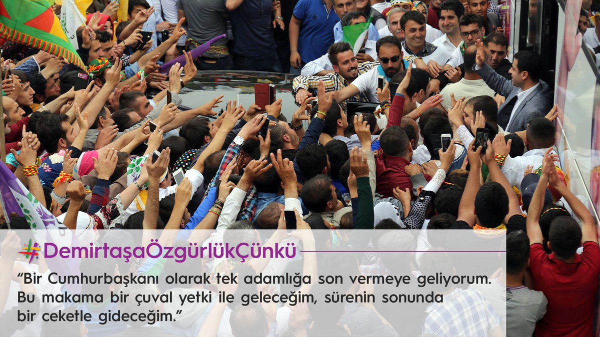 #DemirtaşaÖzgürlükÇünkü Demirtaş Türkiye’nin geleceğine dair umut vaat eden tek adaydır ve diğer Cumhurbaşkanı adaylarının çalışmaları nasıl eşit ve özgür koşularda olacaksa Demirtaş’ın da eşit şartlarda bu yarışı tamamlaması gerekir.