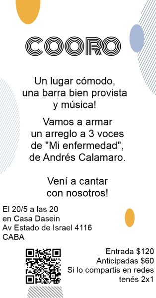 EstudioLiquid's tweet photo. Vuelve #Cooro! El 20/5 a las 20 en Casa Dasein, Av Estado de Israel 4116, CABA https://t.co/f7g5boXj4S
