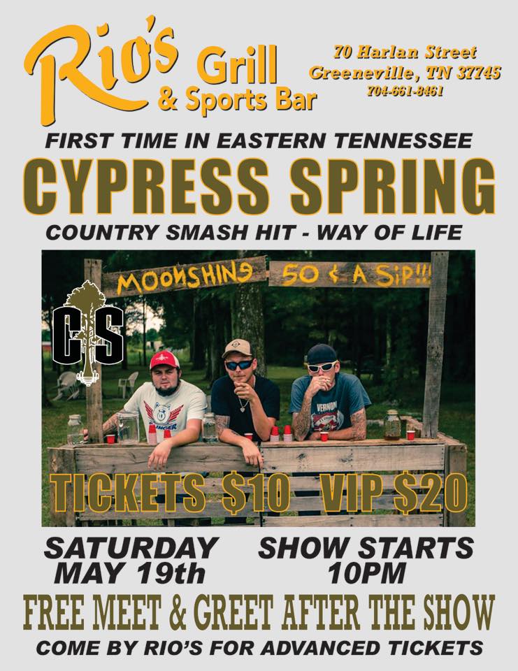 cypress_spring's tweet photo. What y'all doin Saturday? Come on out to Rio's Grill & Sports Bar in Greeneville, TN on SATURDAY night! It's our first time in Eastern TN we gonna PARTAYYYY! #CypressSpringOnTour #WayOfLife #WeGetRowdy https://t.co/Gz7PDGFpGW