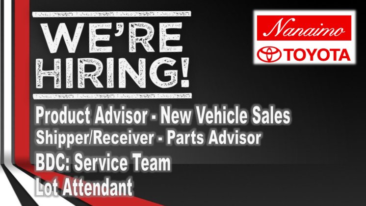WE'RE #HIRING! 😏 Do you think you've got what it takes to join our Nanaimo #Toyota family? We've got a few positions to fill! 😎
Click here to apply: nanaimotoyota.com/en-CA/career
#LetsGoPlaces #Nanaimo #JoinTheTeam #ToyotaBC