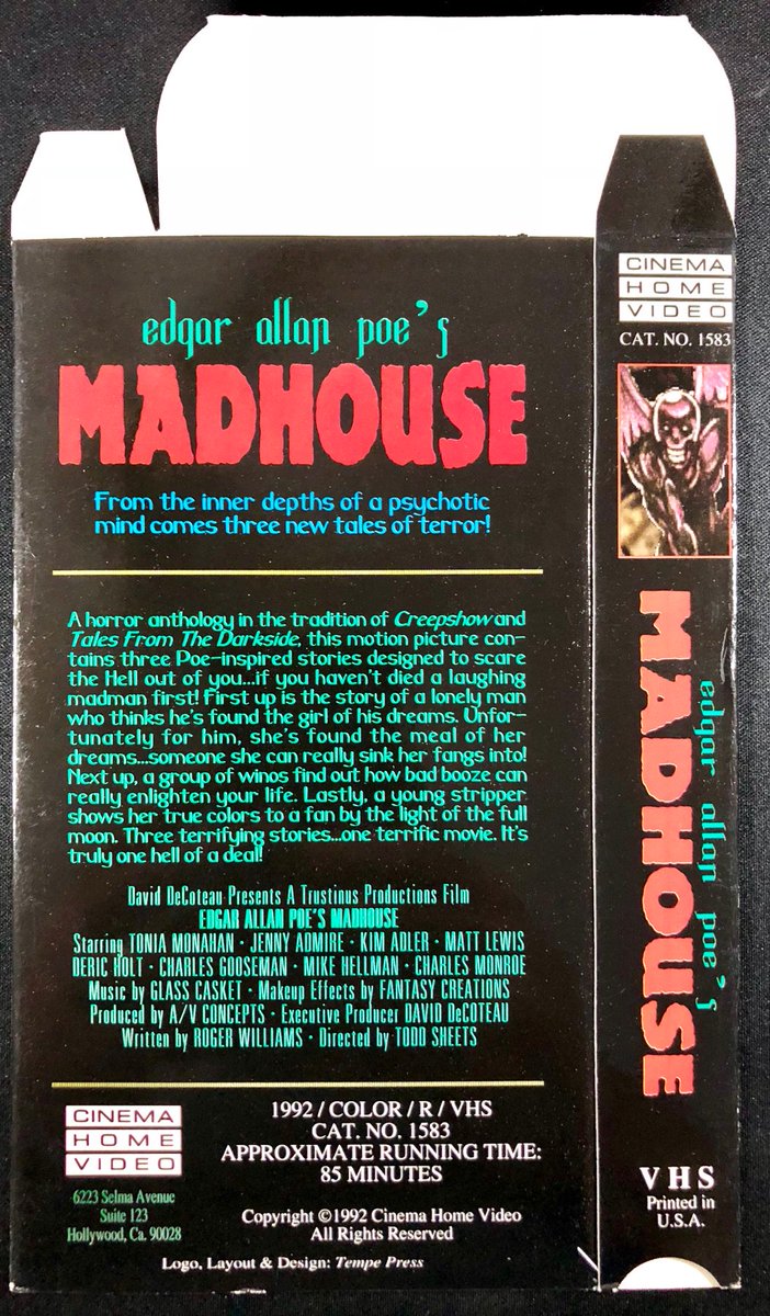 TempeVideo's tweet image. Check out EDGAR ALLAN POE'S MADHOUSE 1992 unfolded Cinema Home Video replcement VHS sleeve  ebay.com/itm/1129974467… via @eBay #cinemahomevideo #toddsheets #VHS #edgarallanpoe #horrormovies